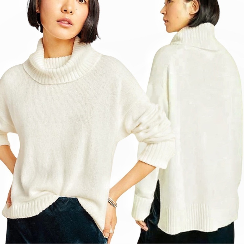 Anthropologie Wool Blend Sweater XS Oversized Cowl Turtleneck Ivory Minimalist